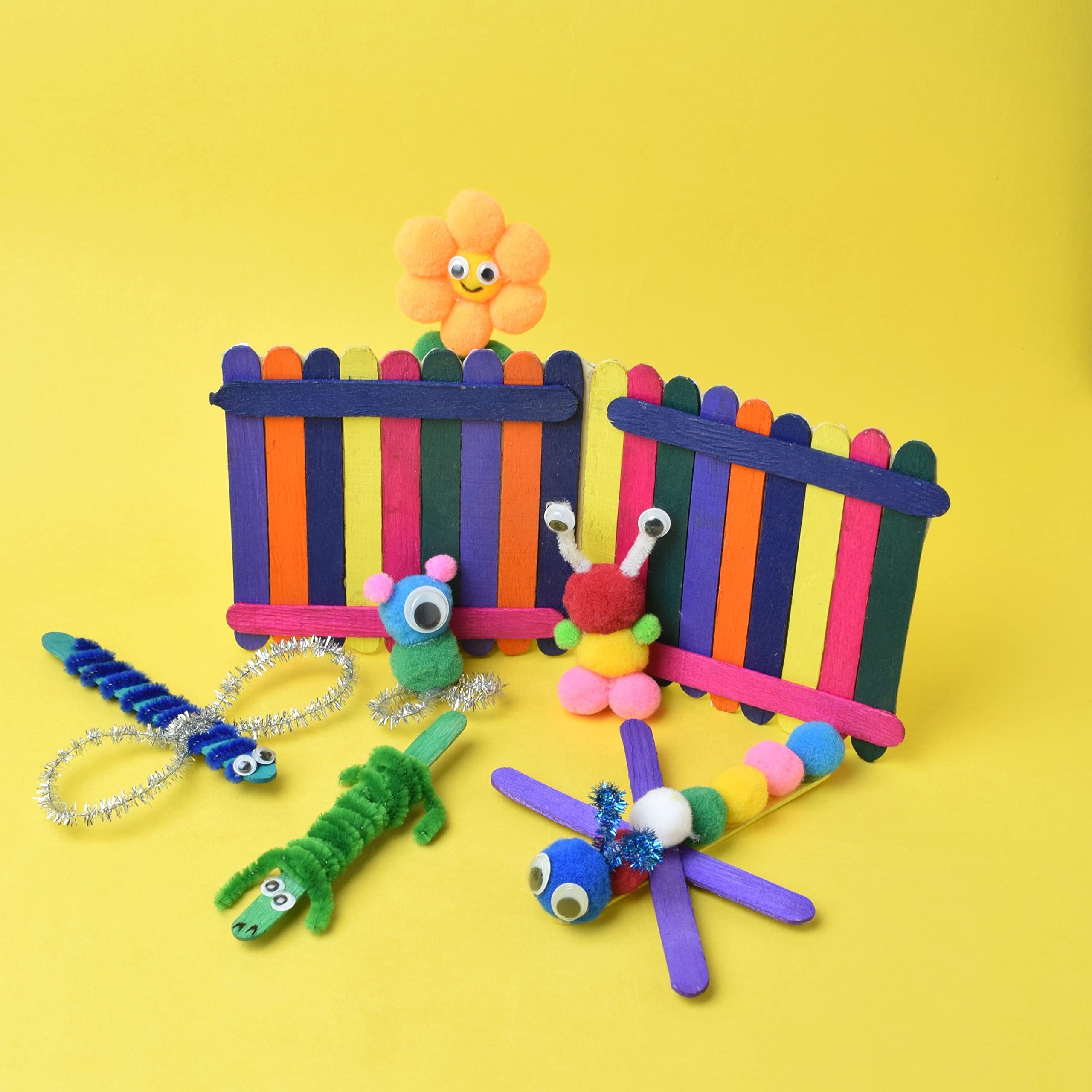 Asian Hobby Crafts Kids Pom Pom Crafts Kit With 250+ Craft Materials/Pipe Cleaners, Googly Eyes, Pompom Balls, Ice Cream Sticks,
